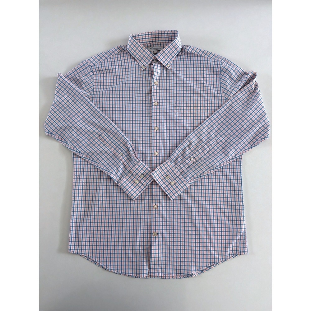 Peter Millar Summer Comfort Mens L Blue Pink Tattersall Plaid Button Down Shirt